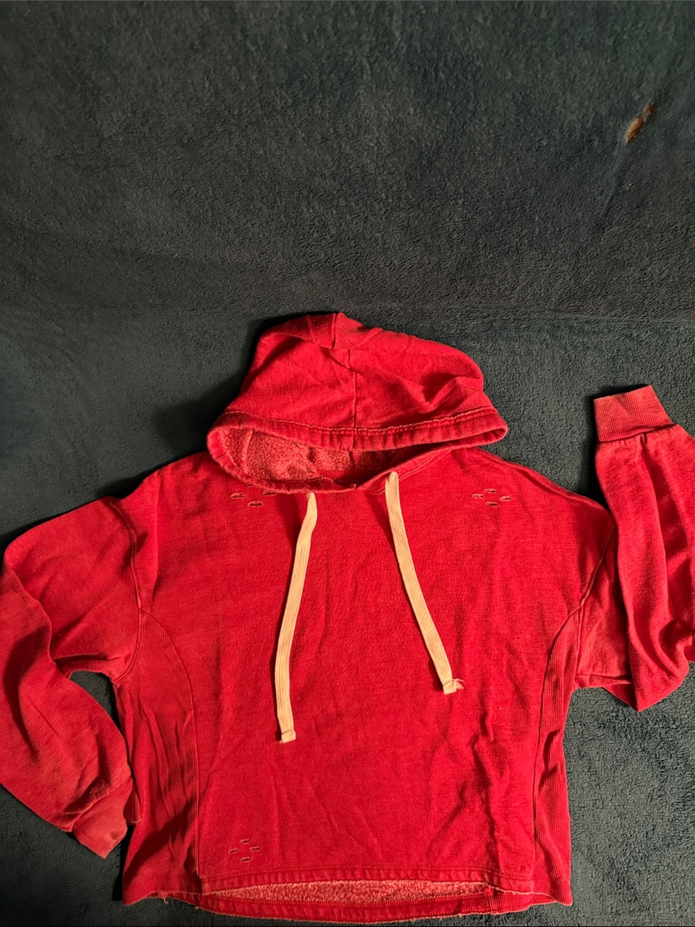 Red Cropped Colsie Terry Fleece Hoodie with Intentional Distressing and Fading